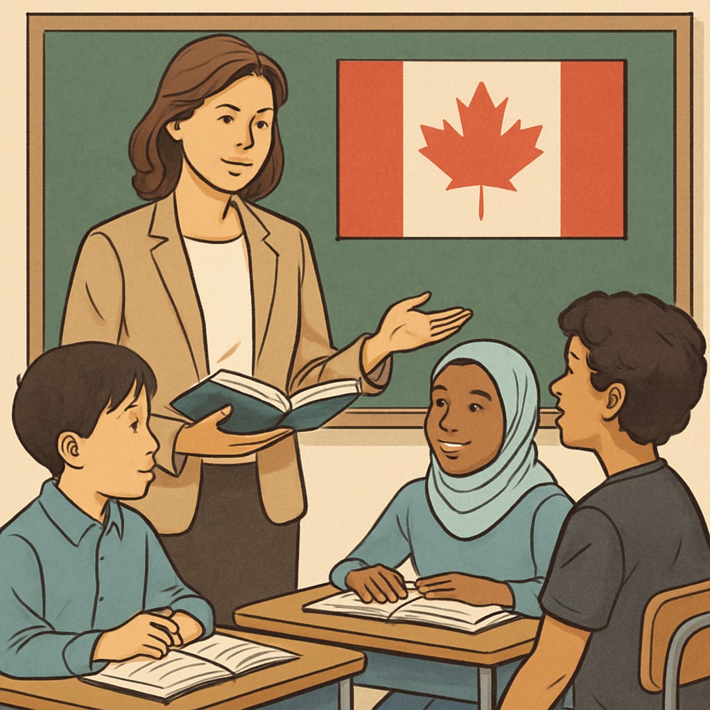A professional teacher guiding a diverse group of students in a Canadian classroom. Canadian teacher assisting students in a classroom setting.