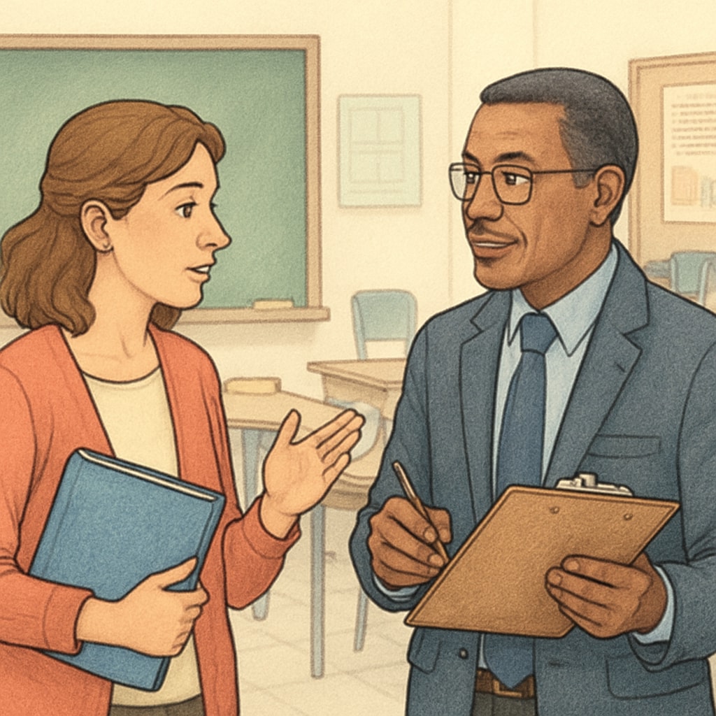 A teacher and a university faculty member discussing student progress in a classroom setting. Teacher and university employee collaborating on a student’s academic progress.