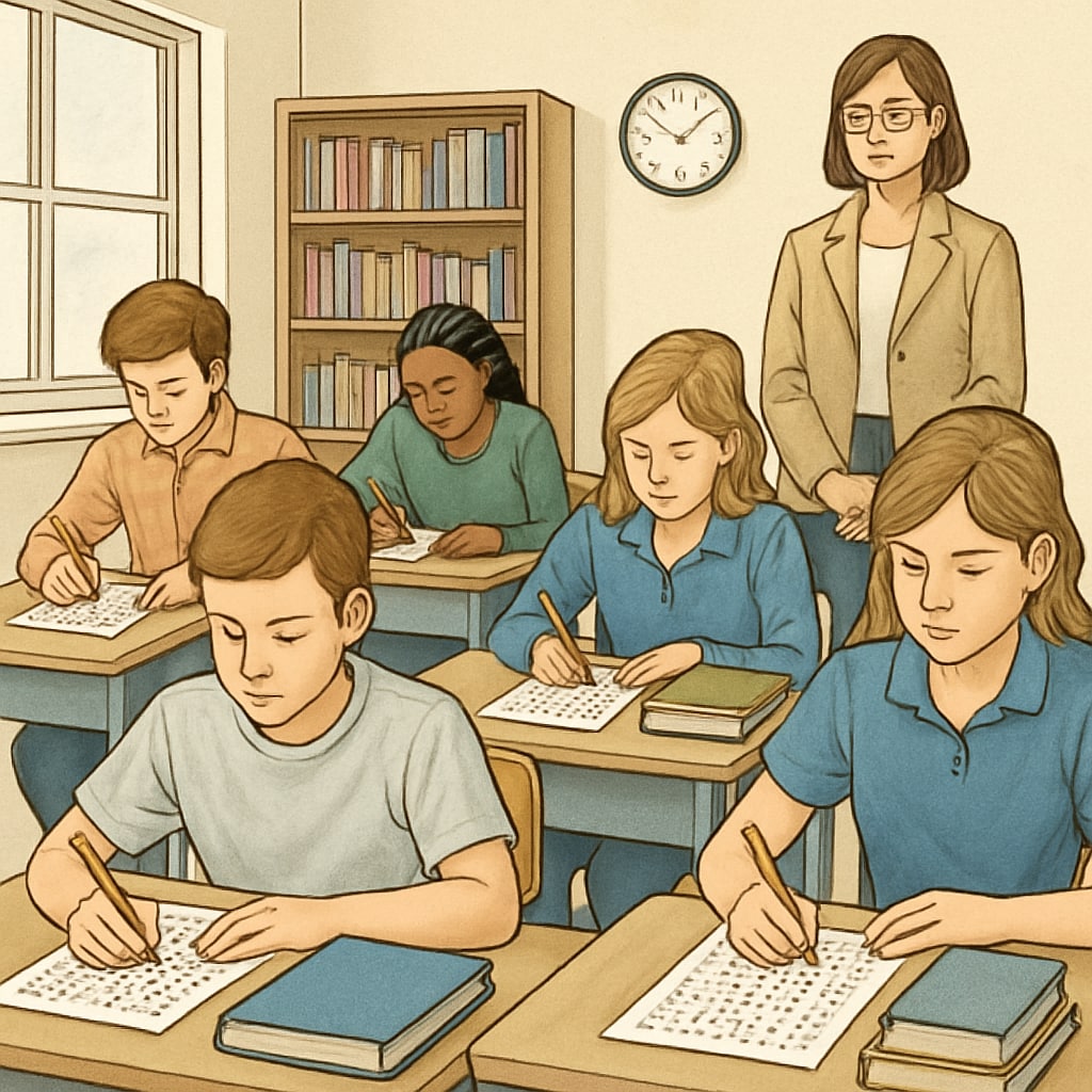 A group of students taking a standardized test in a classroom setting, illustrating the emphasis on testing in education. Students taking a standardized test, representing the focus on evaluation in education systems.