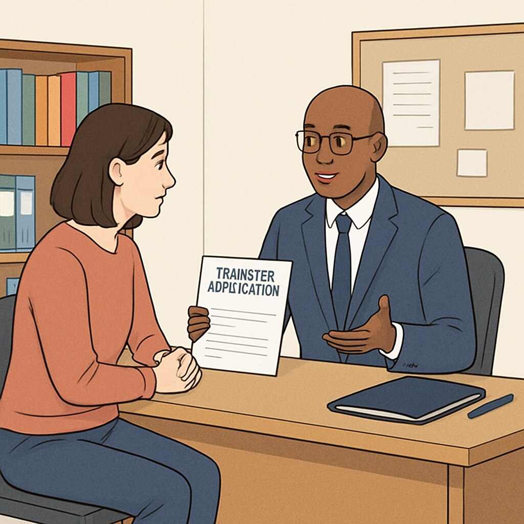 A parent meeting with a school administrator, discussing a transfer application, symbolizing advocacy in action. Parent and school administrator discussing school transfer application.