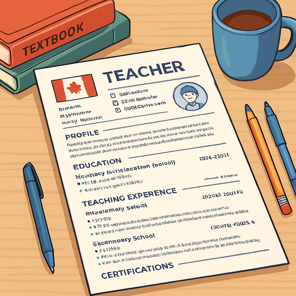 A polished and well-structured Canadian teaching resume displayed on a desk. Example of a Canadian teaching resume in proper format.