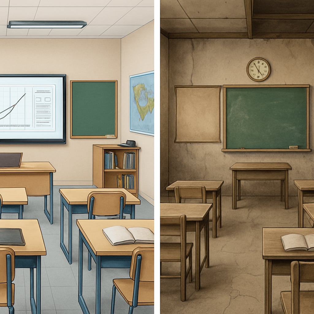 A modern, well-equipped urban school contrasted with a rural, under-resourced classroom, depicting resource disparities. Contrasting images of an urban and rural school to show resource allocation differences.