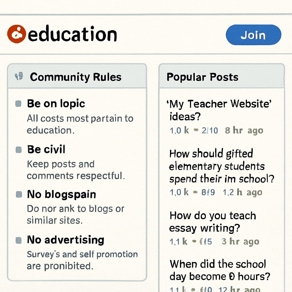 A screenshot of a popular education subreddit, showing pinned community rules and popular discussion threads related to K12 education. Screenshot of an education subreddit with community rules and threads.