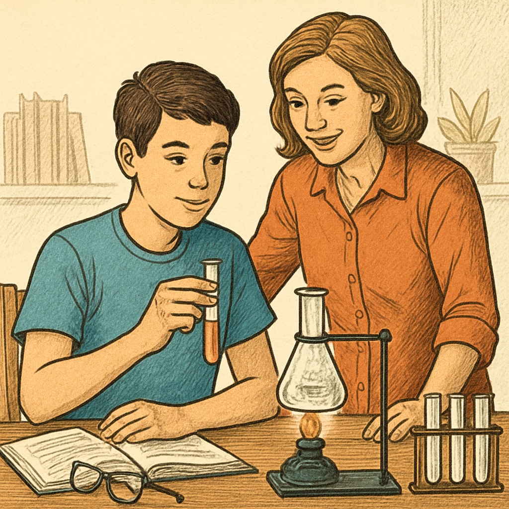 A teen working on a science experiment at home, guided by a parent, illustrating family engagement in learning. Parent guiding teen in a science experiment to reignite academic interest and healthy habits.