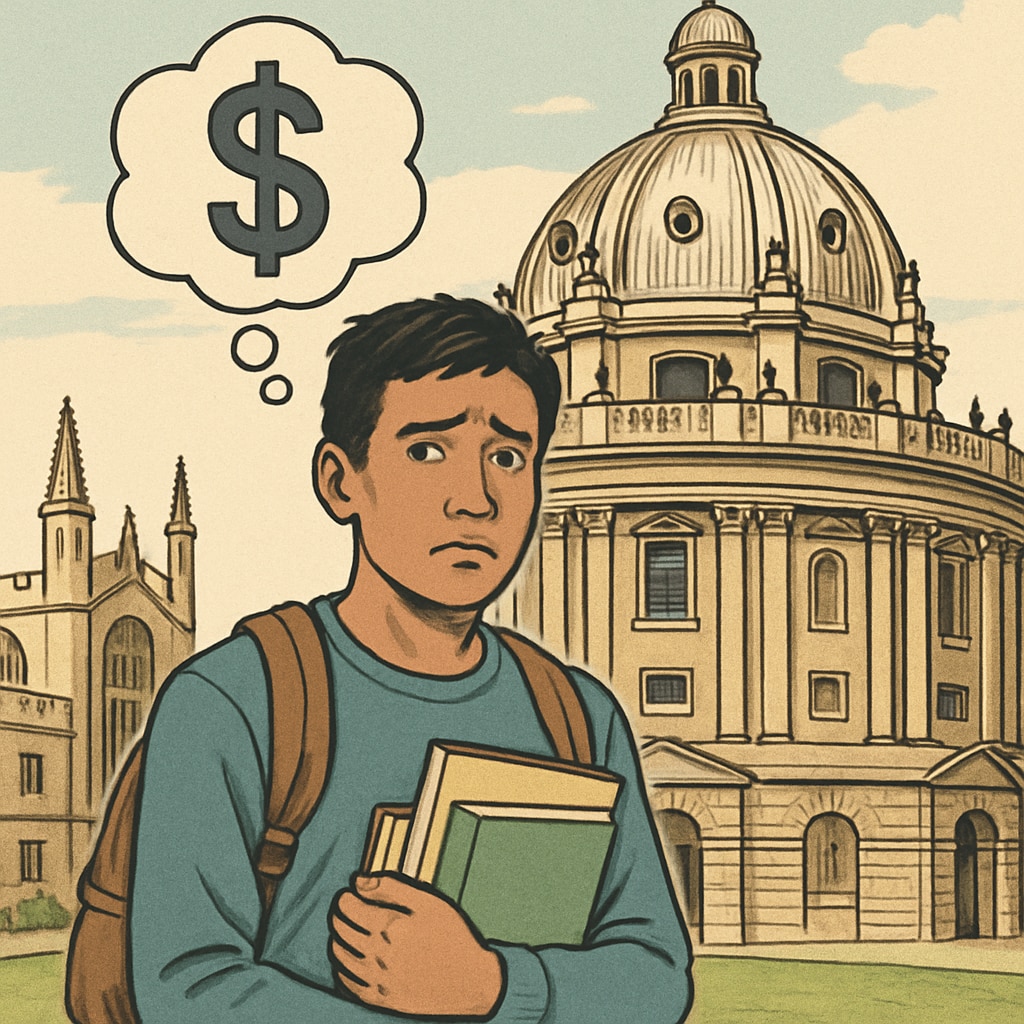 A student standing in front of Oxford University with a worried expression, symbolizing the financial challenges of immigrant students. Financial challenges faced by immigrant students at Oxford University.