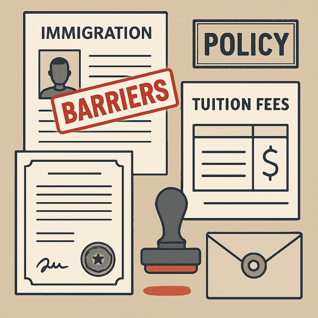 A visual representation of immigration paperwork and tuition fee documents, emphasizing policy-related barriers. Immigration paperwork and tuition fee barriers for international students.