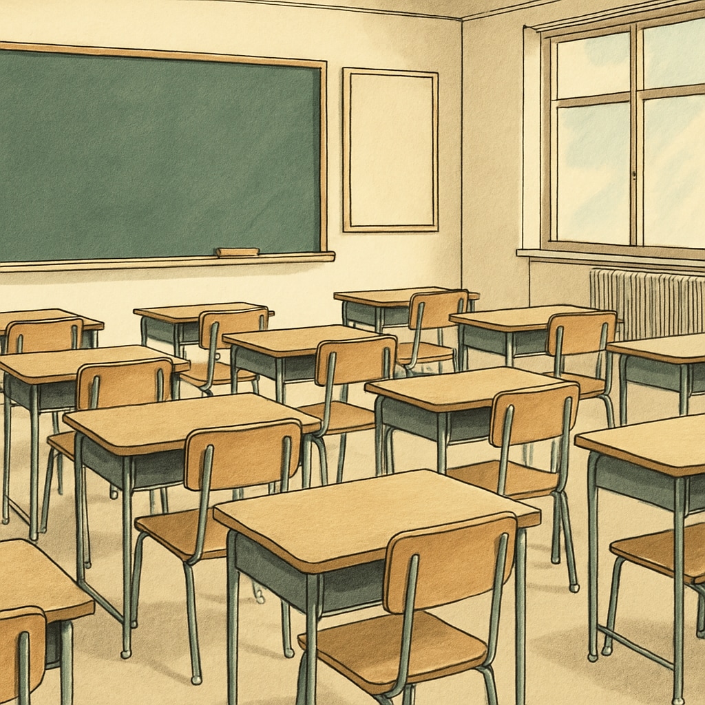 A classroom with empty desks and chairs, symbolizing teacher absence and its impact on students. Empty classroom representing Teacherless Tuesday,教师抗议,集体请假(英文) and its impact on learning.