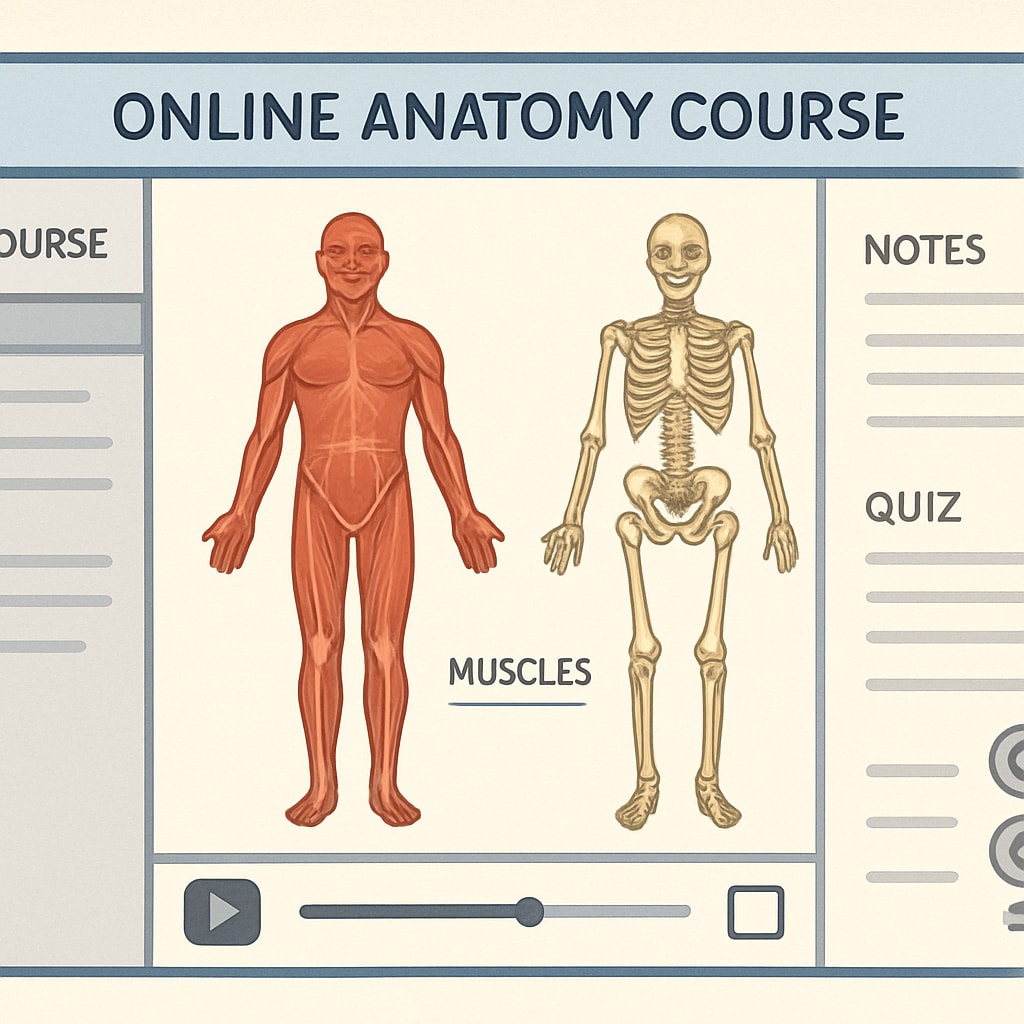 A 3D anatomy course interface from an online learning platform designed for non-medical learners.
