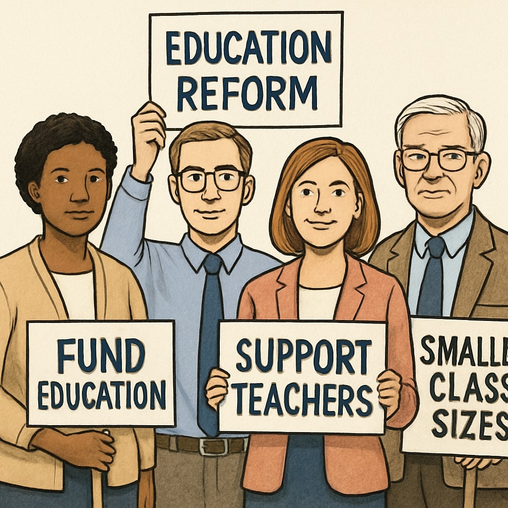 A group of teachers standing together holding signs with messages about education reform. Teachers advocating for better conditions during Teacherless Tuesday,教师抗议,集体请假(英文).