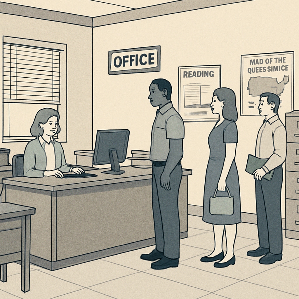 A school administrative office with parents waiting in line, illustrating bureaucratic hurdles in education. Parents waiting in a school office, symbolizing the administrative barriers in school transfers.