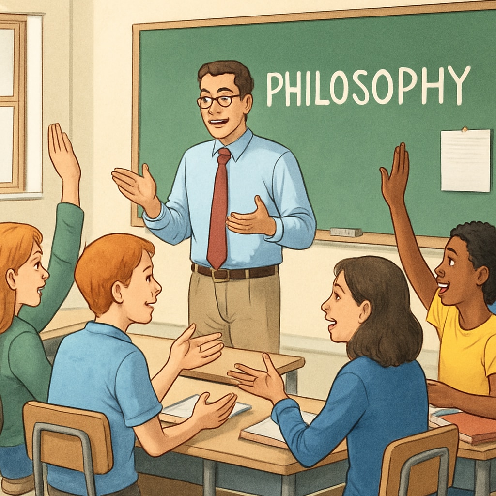 A classroom setting with students engaged in a lively philosophical discussion led by a teacher. Students discussing philosophy in a classroom as part of a social experiment.