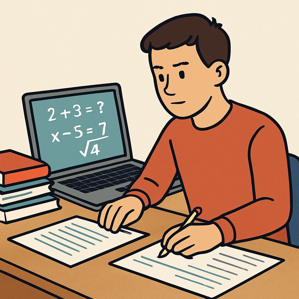 A visual representation of a student solving math problems on a laptop while preparing for aptitude tests. Student solving math problems for aptitude test preparation.