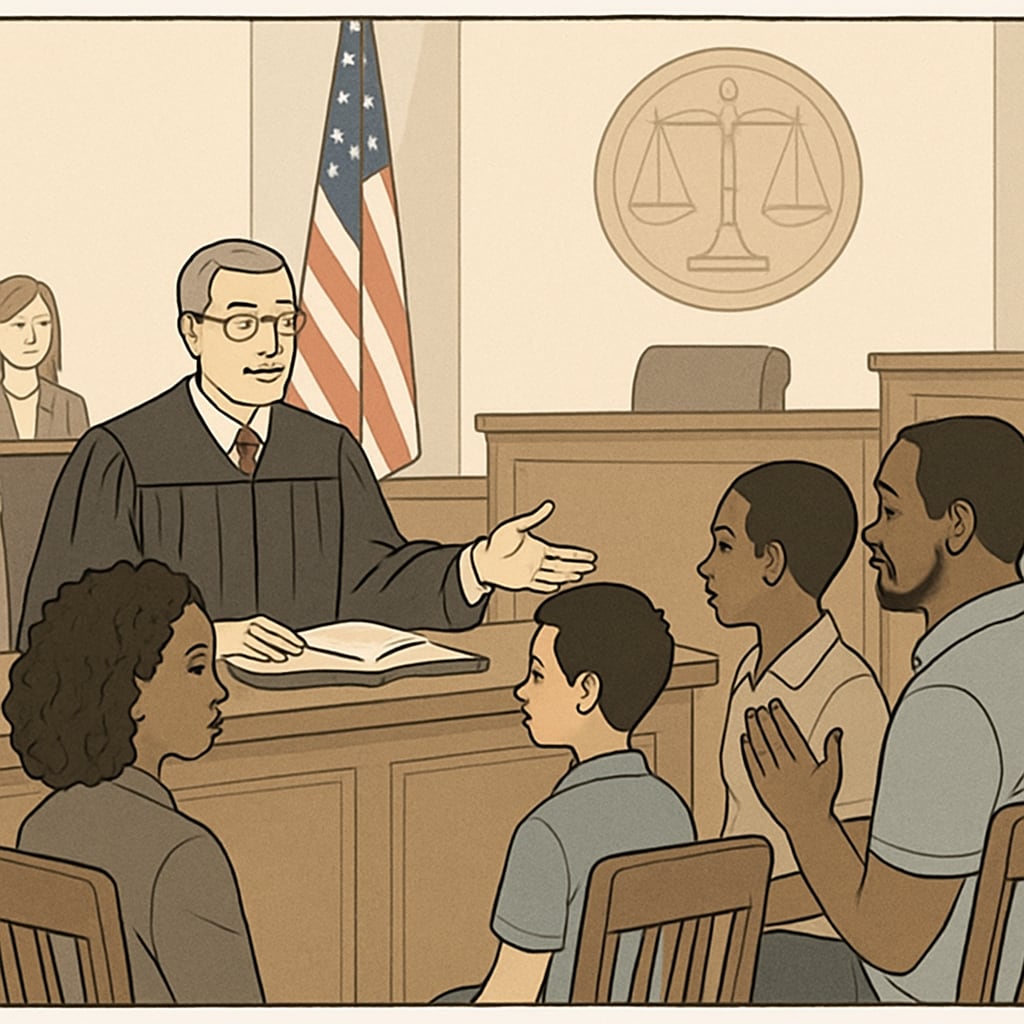 A courtroom scene showing a family discussing attendance-related legal issues with a judge, emphasizing the intersection of education and legal policies. A family and judge in a courtroom discussing school attendance and legal consequences.