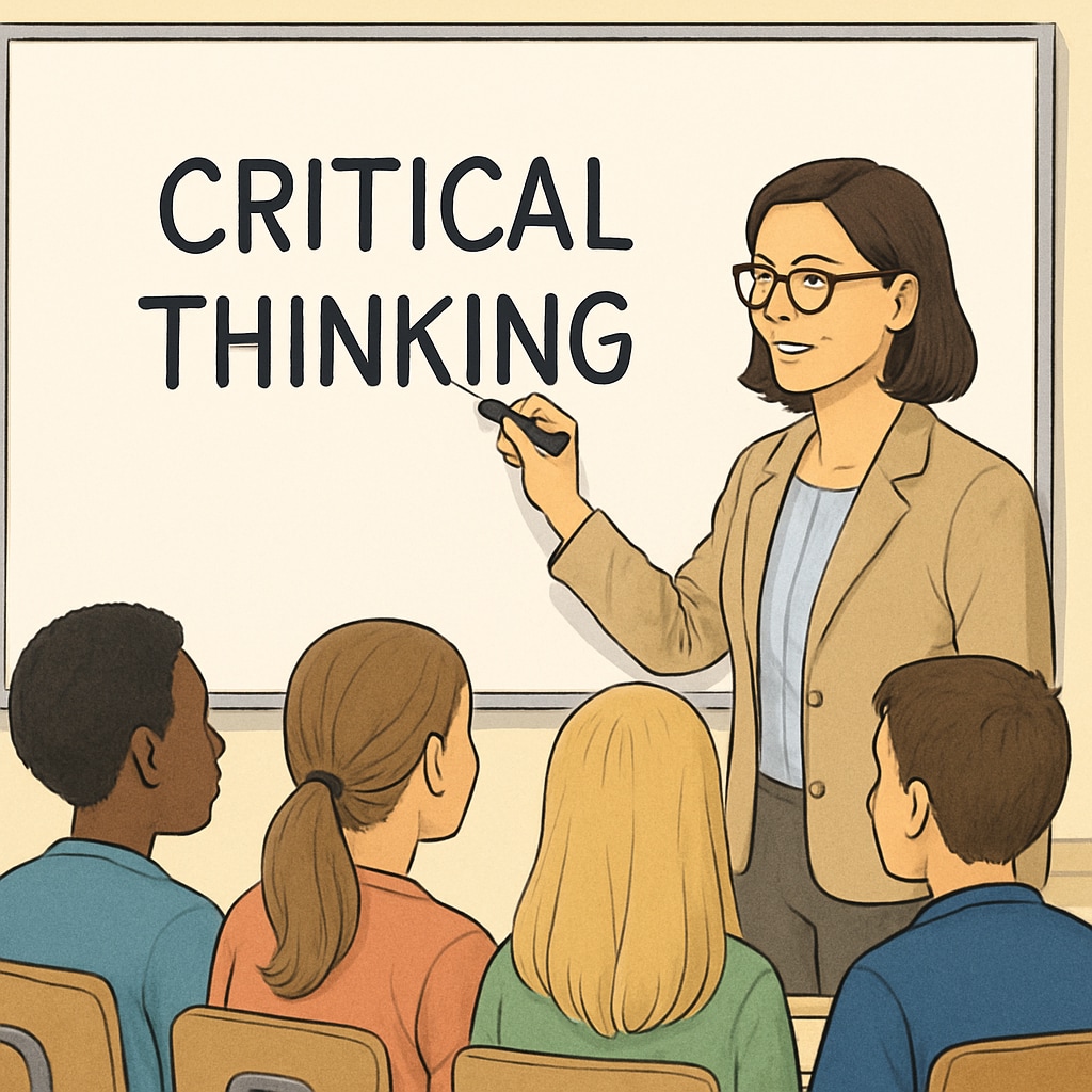A teacher writing Teacher explaining critical thinking in a philosophy class during a K12 social experiment.