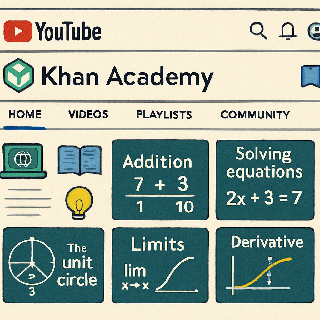 A screenshot of the Khan Academy YouTube channel homepage showcasing its diverse math tutorials. Khan Academy YouTube channel homepage featuring math tutorials.