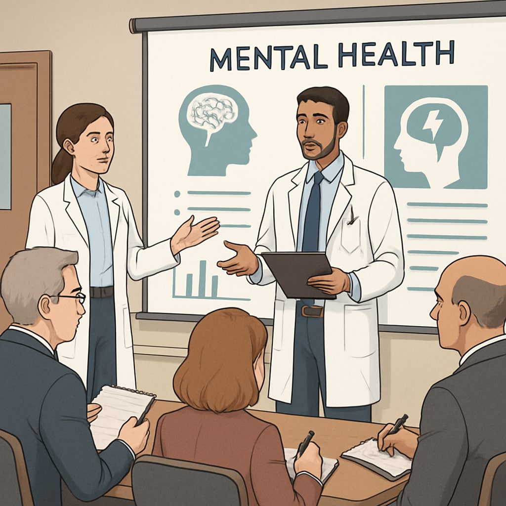 A professional setting where medical students are presenting mental health topics to school administrators. Medical students discussing mental health lecture plans with school administrators.