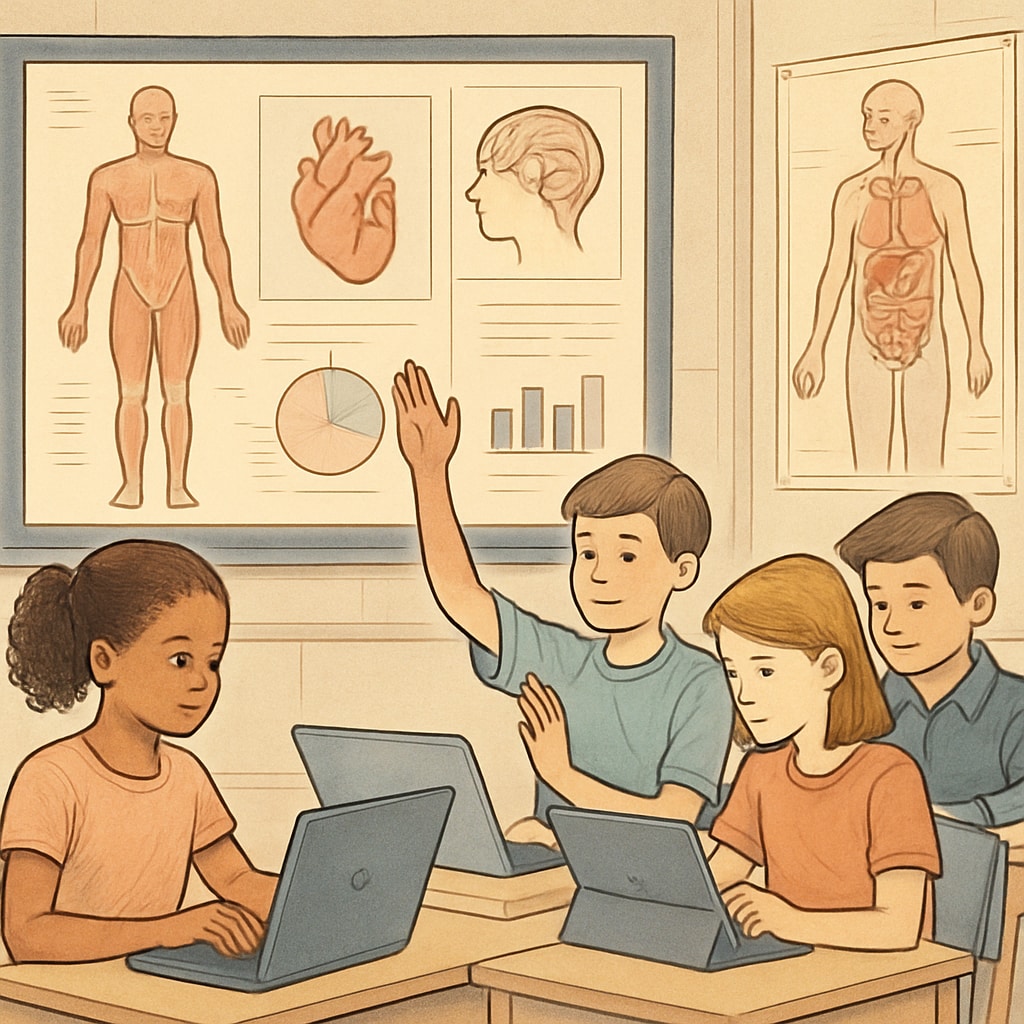 A group of K12 students engaging with an interactive online course on basic health and anatomy. K12 students learning basic health and anatomy through an online course.