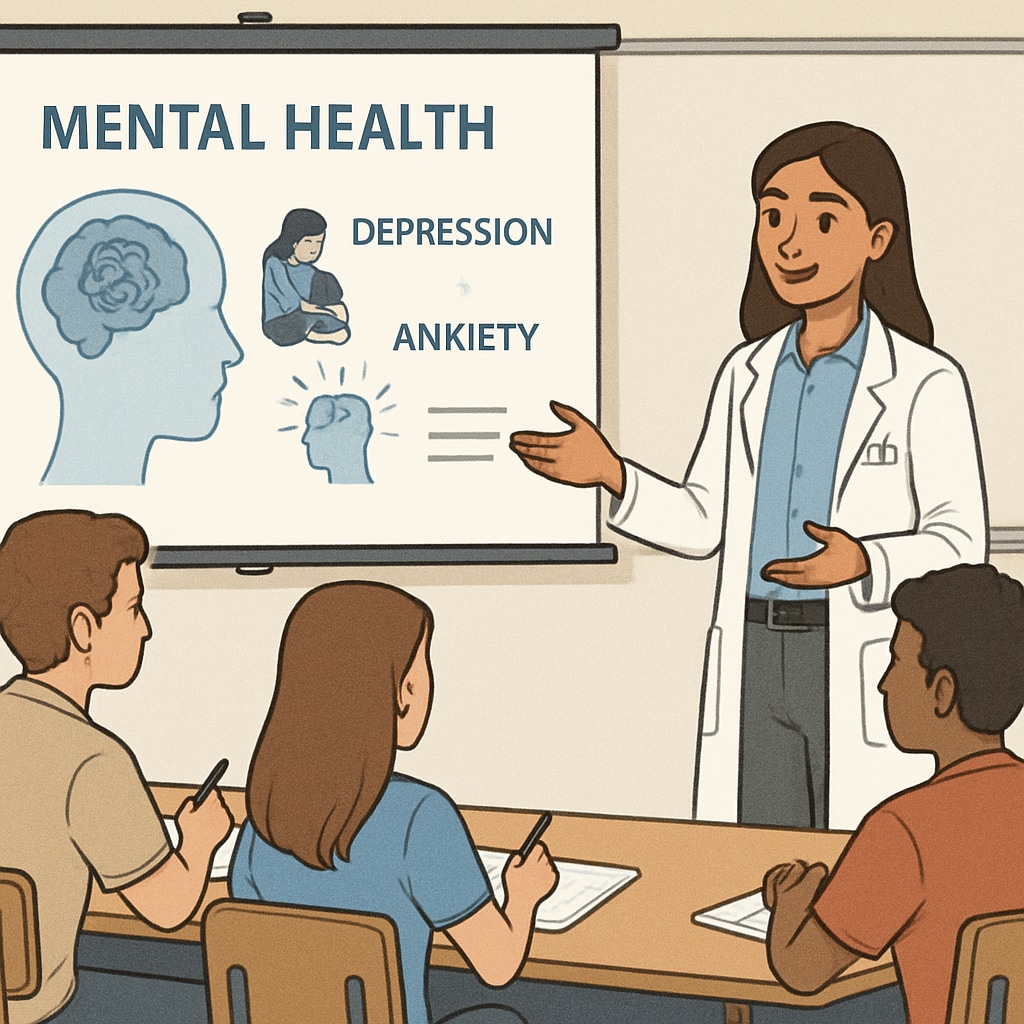 A classroom setting where a medical student is using a slide presentation to discuss mental health topics with high school students. Medical student presenting mental health strategies to high school students using visual aids.