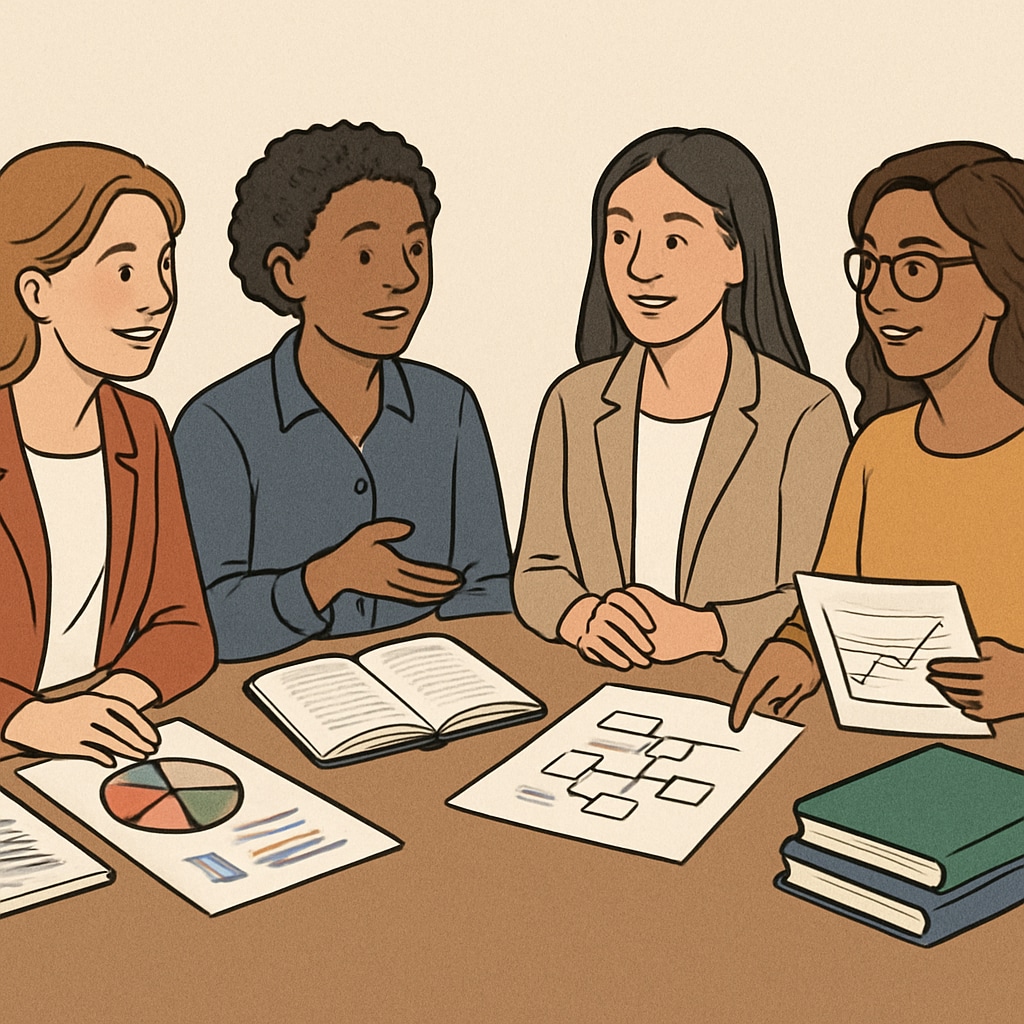 A group of diverse female entrepreneurs discussing innovative educational strategies, symbolizing collaboration and feedback. Female entrepreneurs brainstorming ideas to integrate Sadhguru’s mindfulness concepts into education.