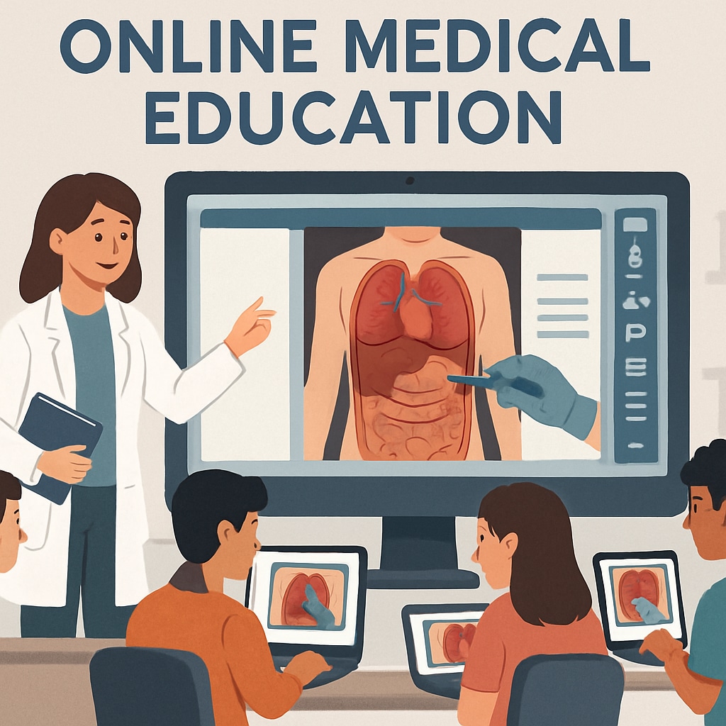 A teacher guiding students through a virtual dissection simulation as part of an online medical education course. Teacher leading students in a virtual dissection simulation in a medical course.