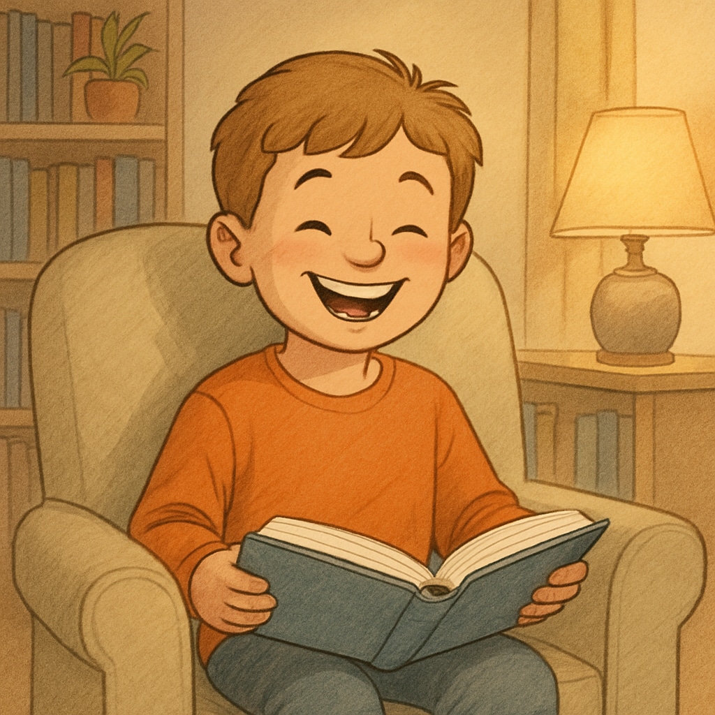 A cheerful child reading a book in a cozy home environment, symbolizing the joy of reading at home. Child reading a book, showcasing free reading comprehension alternatives.