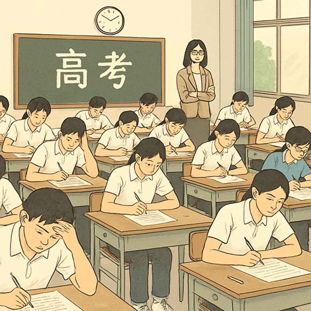 A classroom of Chinese students taking the gaokao, showcasing the high-pressure environment. Chinese students taking the gaokao exam, illustrating academic pressure in China's testing system.