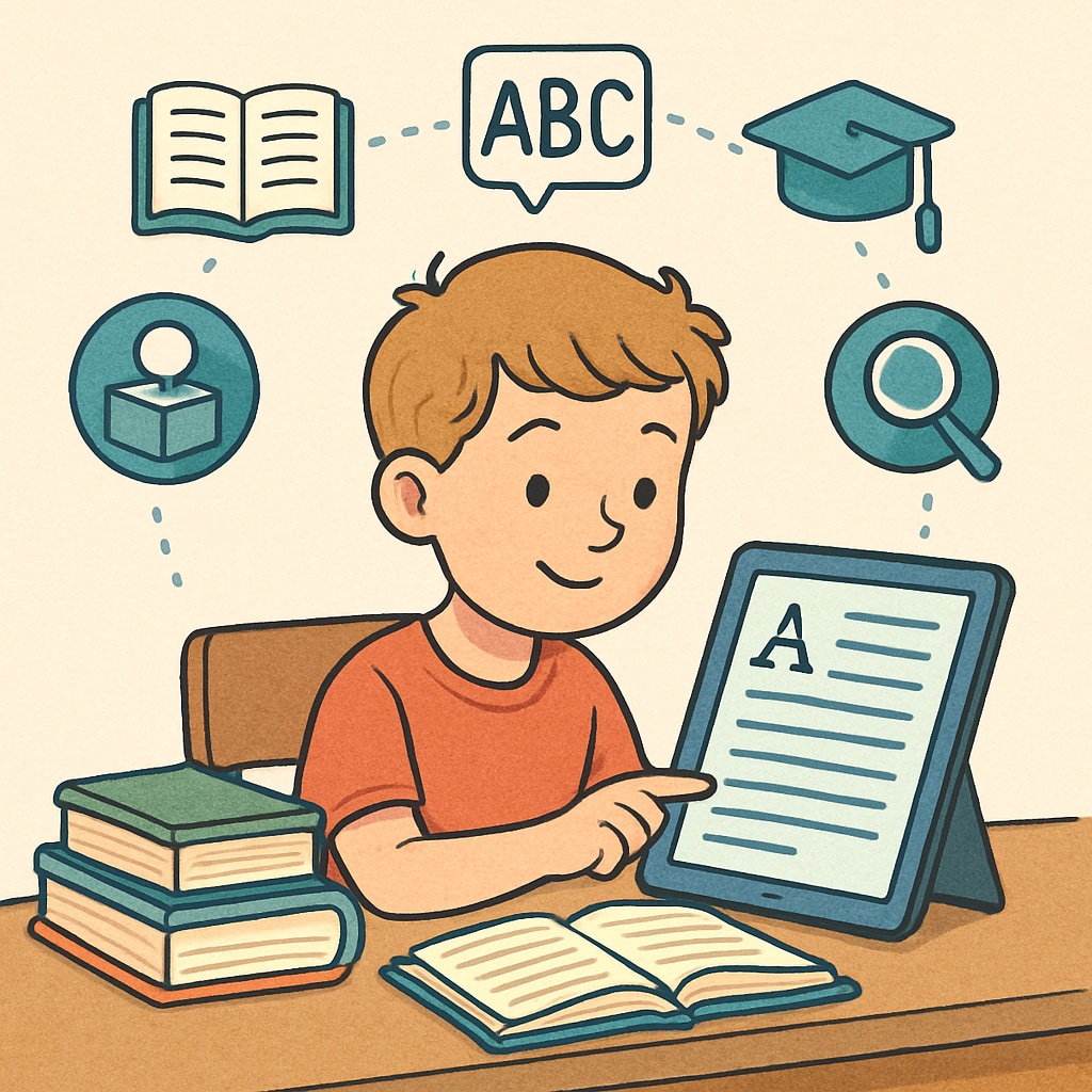 A child using a tablet to access free digital reading resources, highlighting the use of technology in improving reading skills. Child using a tablet for free reading comprehension tools.
