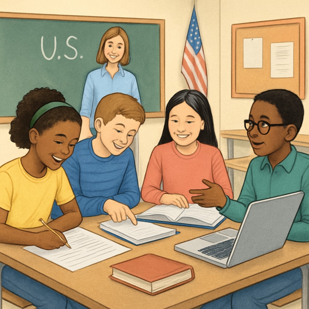 A U.S. classroom where students collaborate on a group project, emphasizing teamwork and critical thinking. U.S. students working on a group project, symbolizing flexible and interactive learning methods.