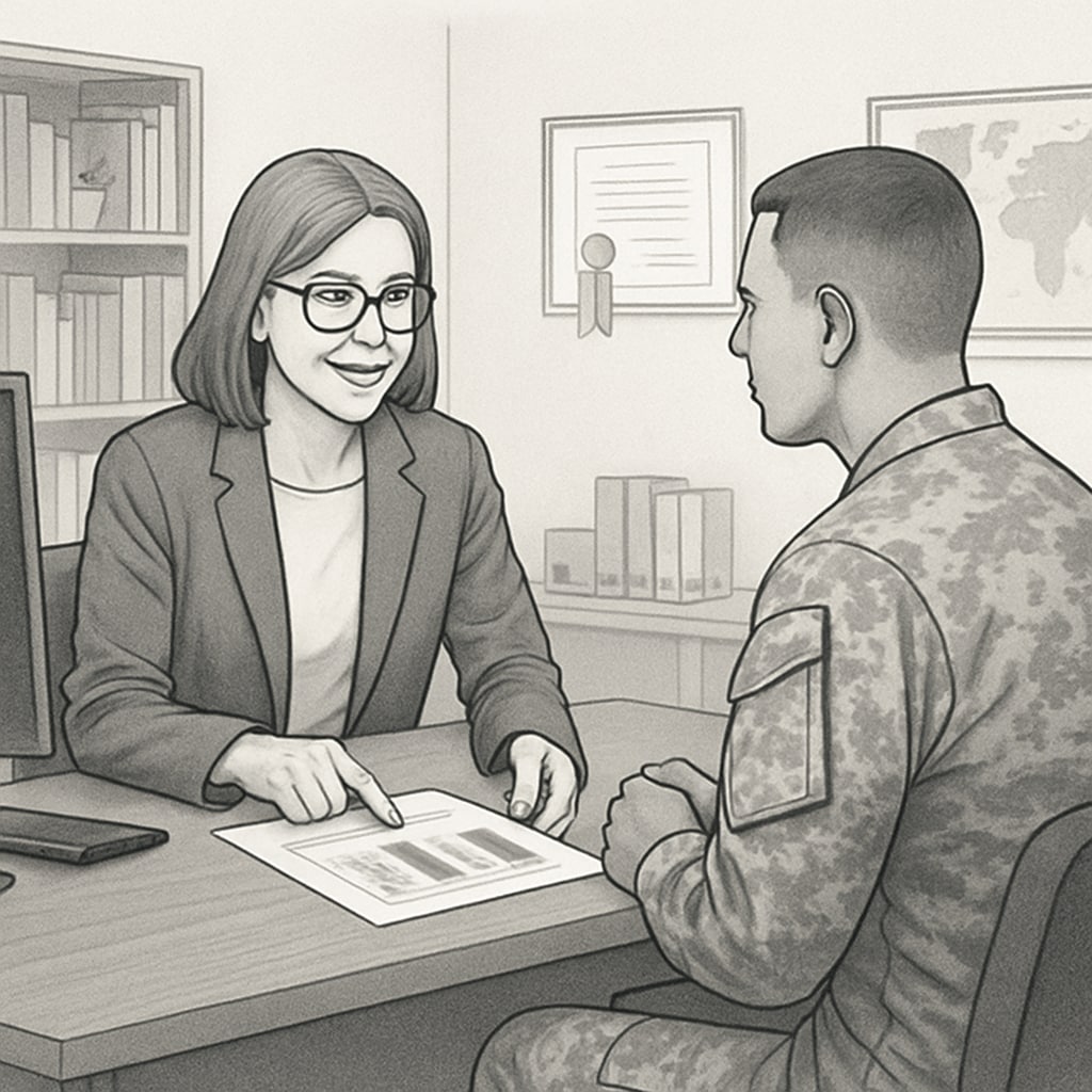 A college advisor discussing credit transfer options with a military student. College advisor explaining credit transfer to a military student with an associate degree in automotive technology.