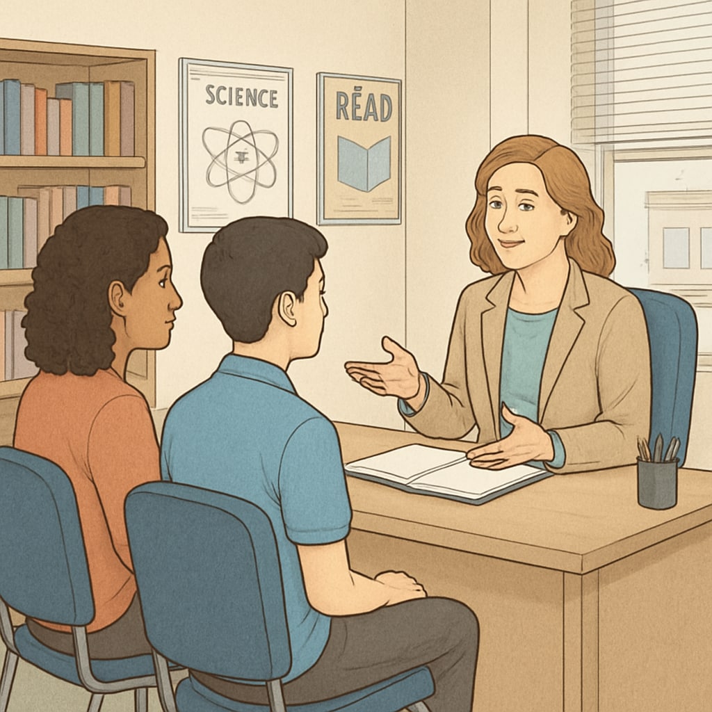 A student and parent discussing school transfer options with a counselor in an office setting. The counselor is offering supportive advice. School choice discussion between student, parent, and counselor.