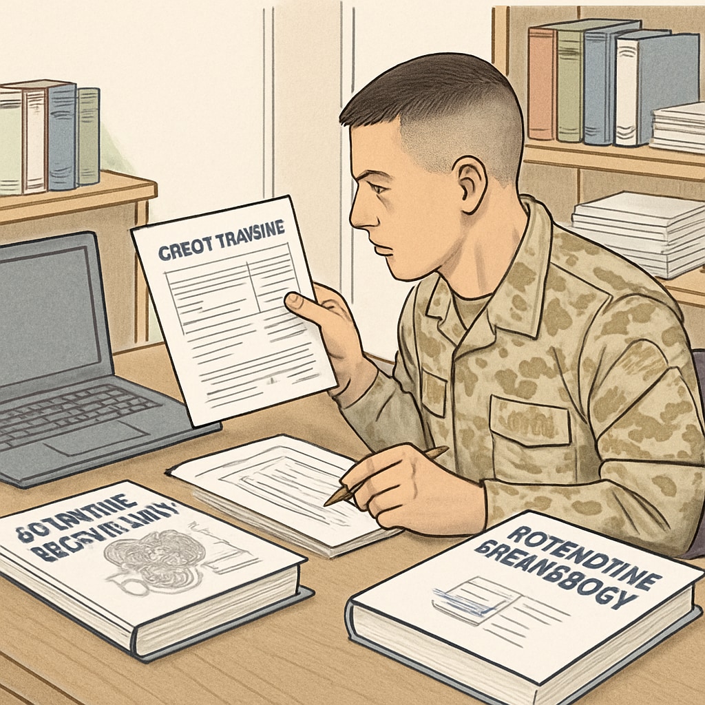 A student veteran reviewing automotive technology textbooks and credit transfer documents. A veteran student preparing for a bachelor’s degree in automotive technology.