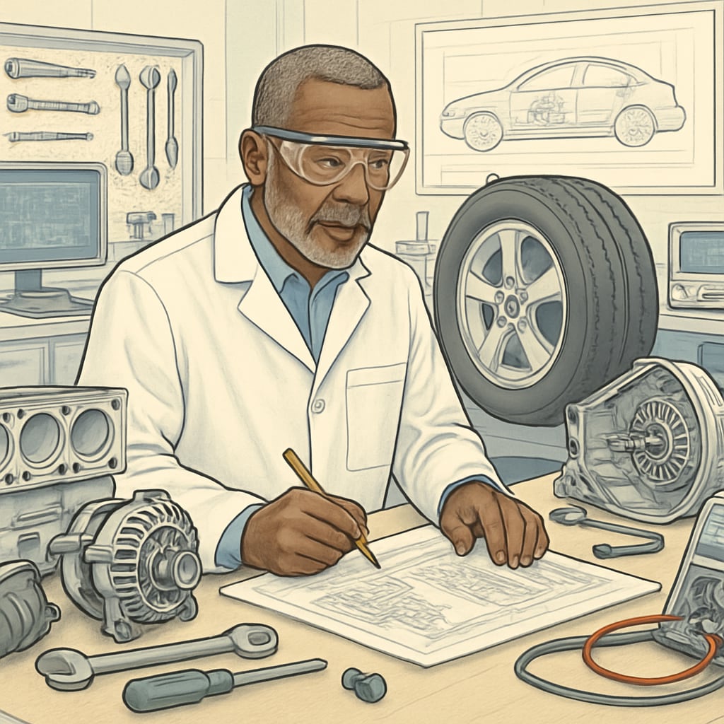 A military veteran working as an automotive engineering professional in a lab environment. Military veteran applying automotive engineering skills in a professional lab setting.