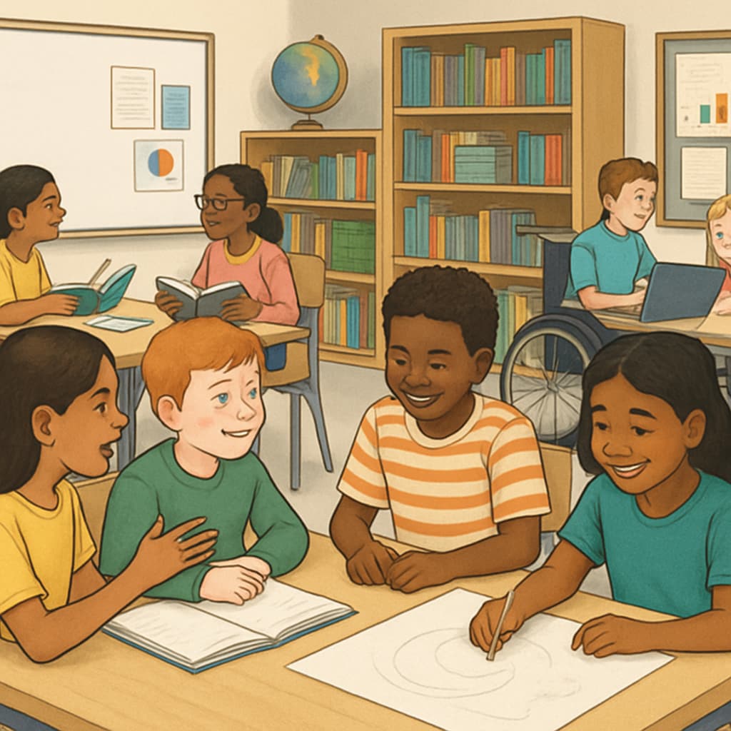 Students engaging in a diverse classroom environment, showcasing inclusivity and collaboration. Students in a diverse and inclusive classroom setting.