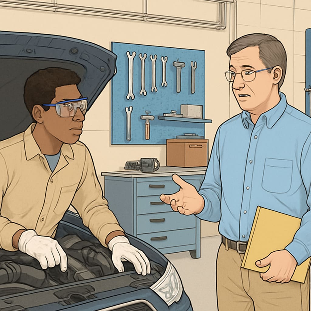 An automotive technology student working on a vehicle while discussing future academic plans with a mentor. Automotive technology student planning to advance from an associate to a bachelor’s degree.