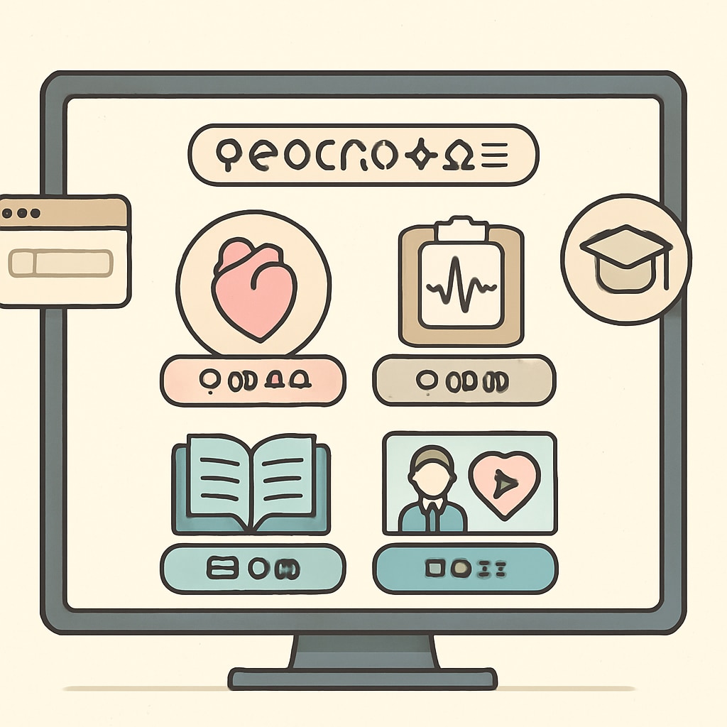 Beginner-friendly cardiology resources displayed on a computer screen, illustrating the accessibility of online learning platforms. Introductory cardiology resources for non-medical students shown on a computer.