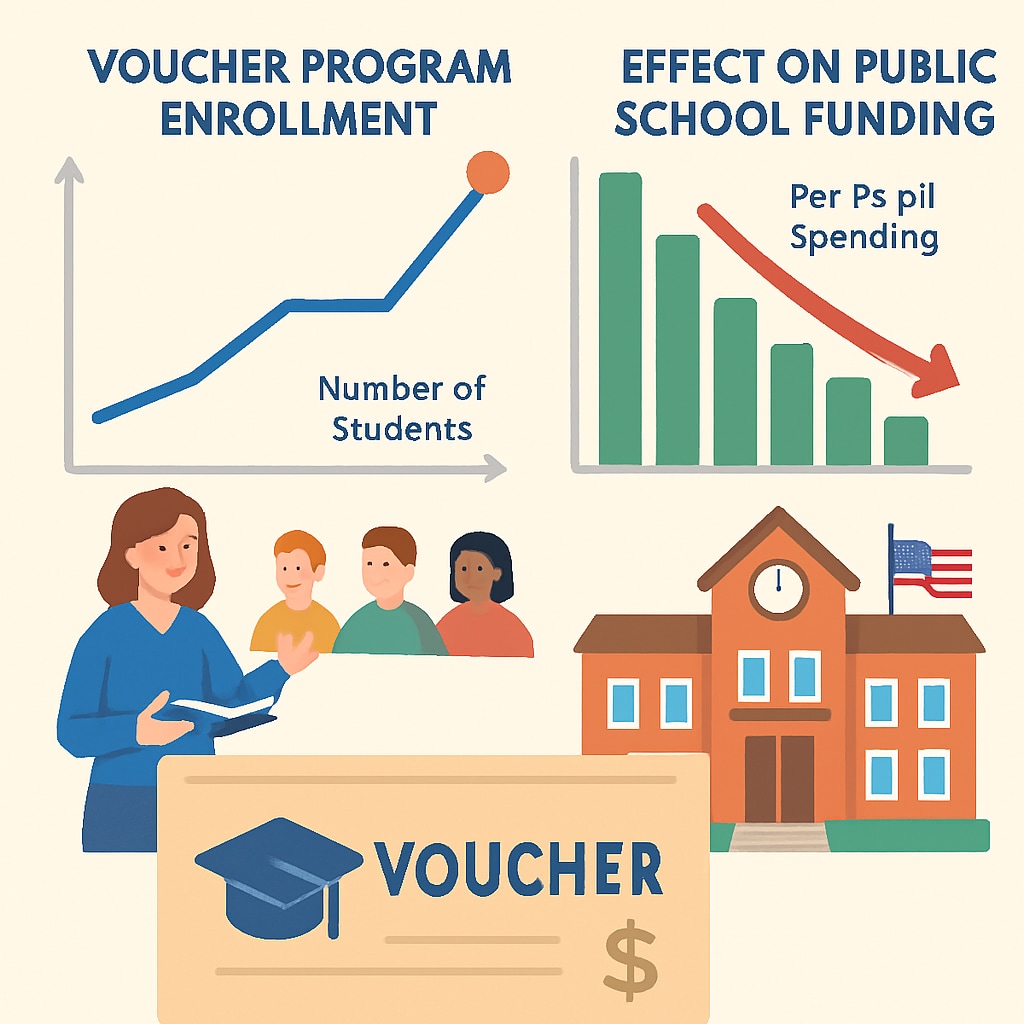 An infographic showing education voucher statistics, including enrollment trends and funding impacts on public schools. Infographic detailing the impact of education vouchers on public school funding.
