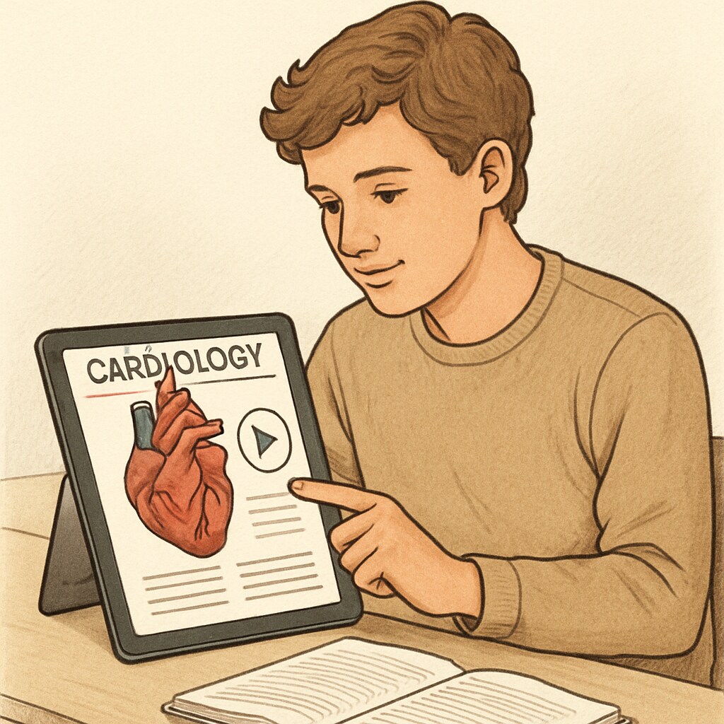 A student using a tablet to explore an online cardiology course, showcasing the convenience of digital learning. Non-medical student learning cardiology online through a tablet.