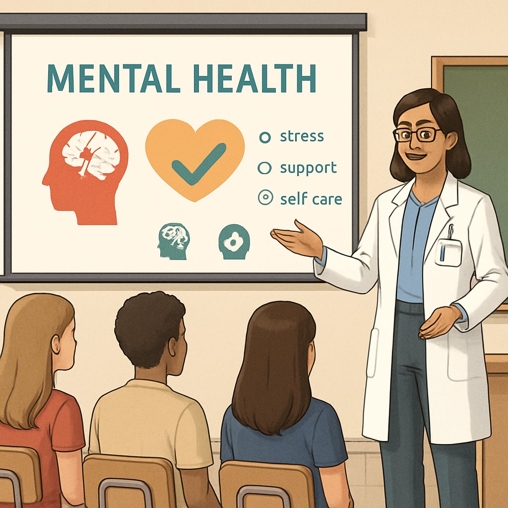 Medical student leading a mental health seminar for high school students.