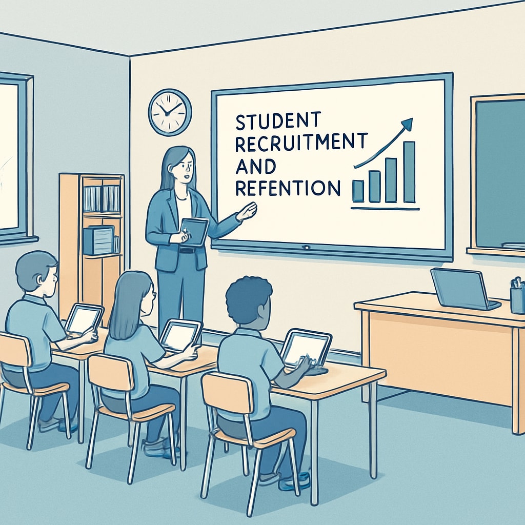 A modernized public school classroom equipped with advanced technology, highlighting efforts to enhance student recruitment and retention. Modern public school classroom with updated technology for student engagement.