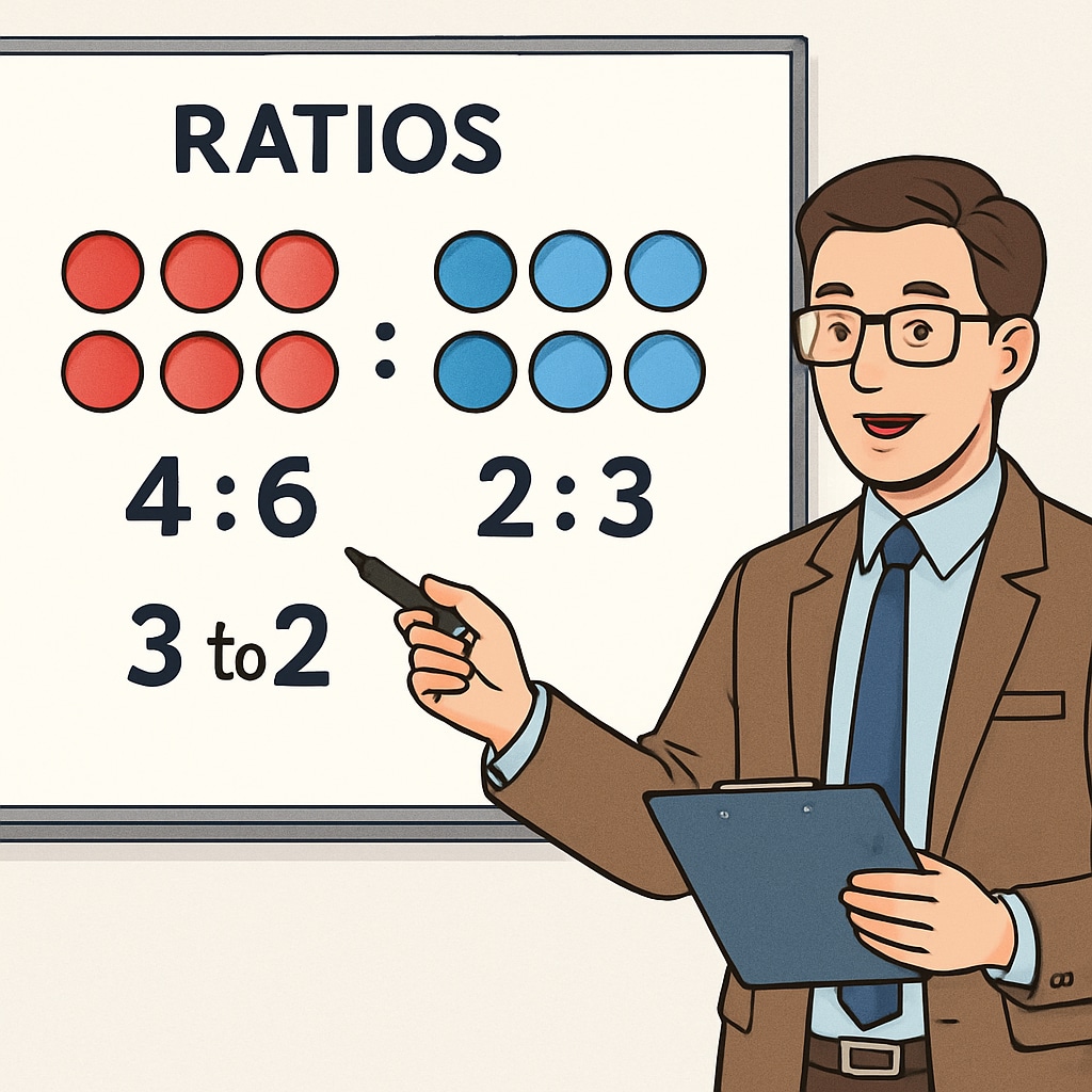 A thumbnail from Math Antics showing a teacher explaining ratios with visual aids, designed for beginners preparing for aptitude tests. Math Antics tutorial explaining ratios for aptitude tests.