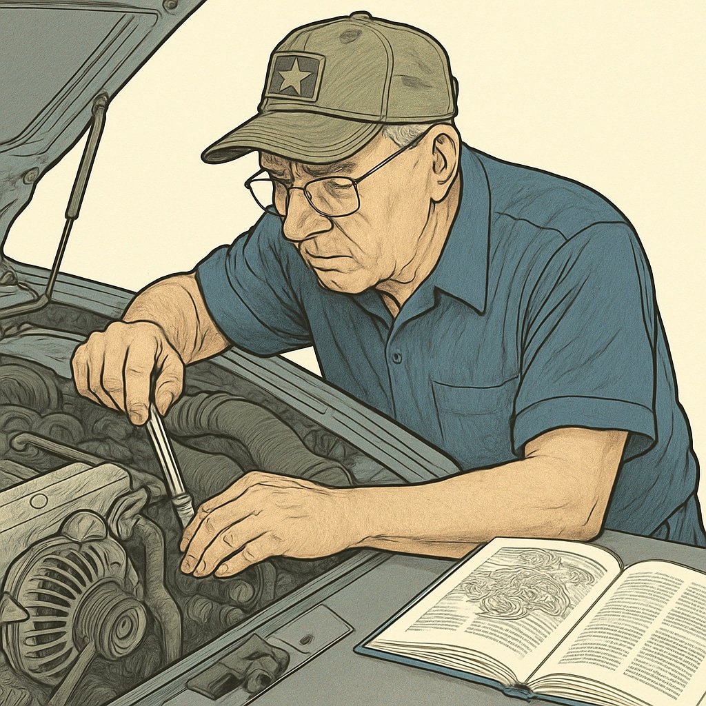 Veteran working on an engine, representing automotive technology skills.