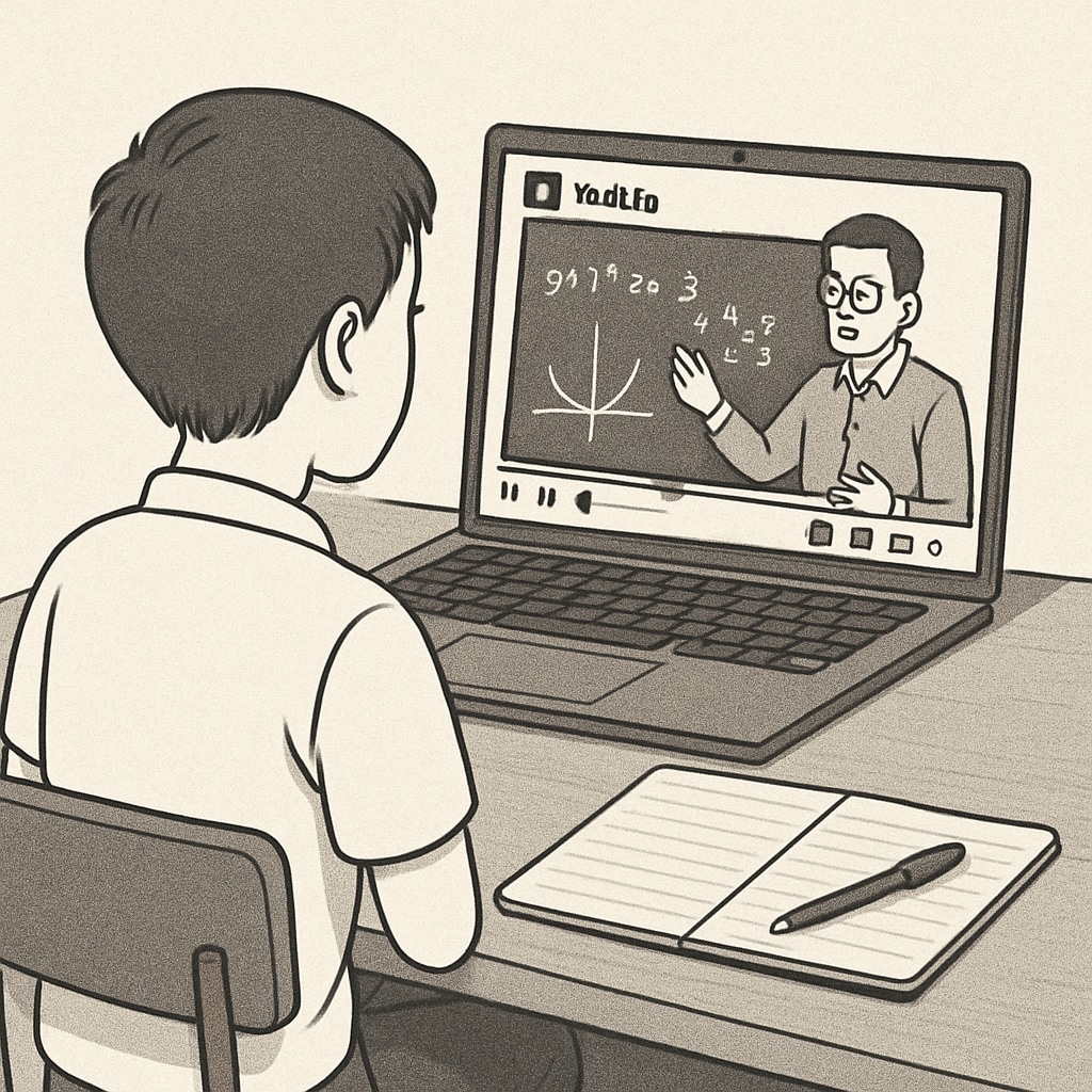 A student watching a YouTube math tutorial on their laptop with a notebook and pen in front of them. Student using YouTube tutorials to prepare for campus recruitment math tests.
