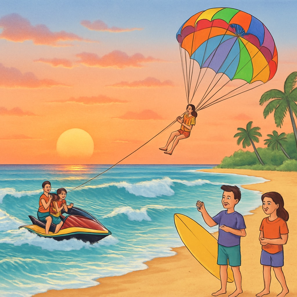 A beach sunset and tourists enjoying water sports, representing short travel videos.