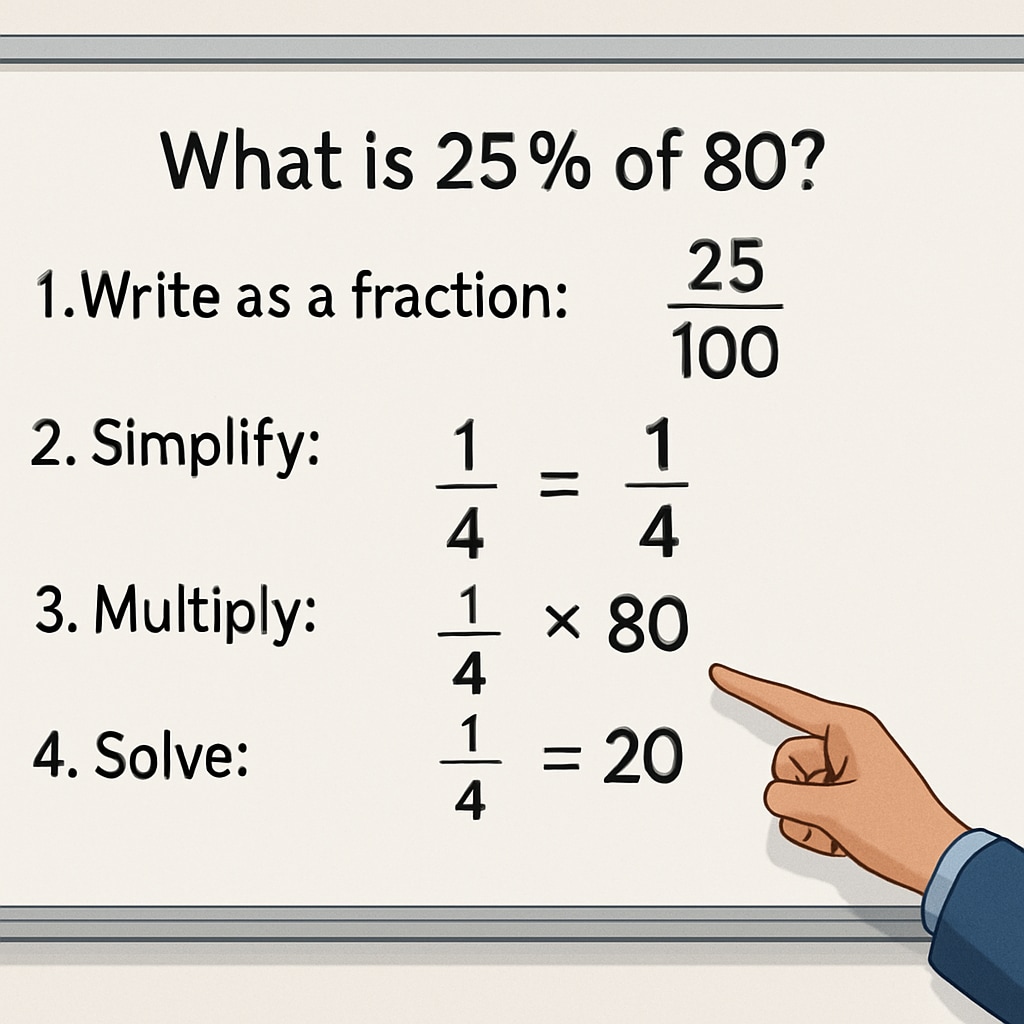 A classroom whiteboard displaying a math problem on percentages, with a teacher pointing to key steps in the solution. Teacher explaining a math concept on percentages to students preparing for recruitment tests.