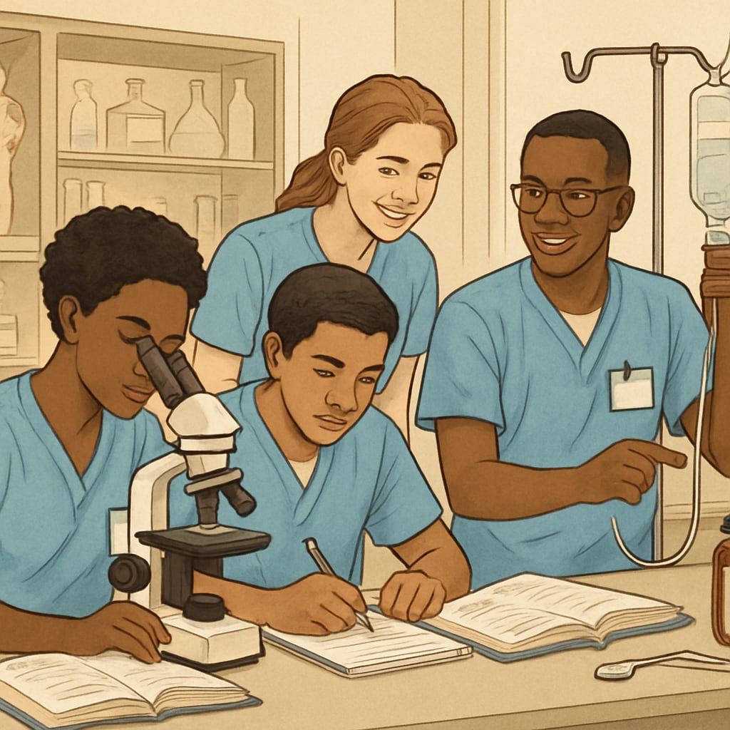 A diverse group of nursing students collaborating in a university lab setting, symbolizing the benefits of transferring to a university nursing program. Nursing students in a university lab discussing clinical procedures.