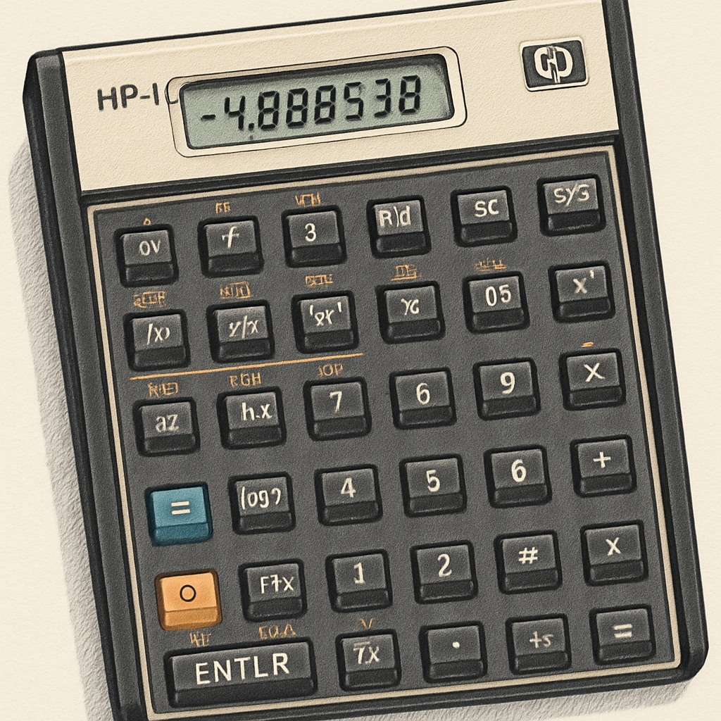 A close-up image of the HP 11c calculator showcasing its unique design and buttons, ideal for mathematics education. HP 11c calculator displaying its RPN input design for advanced mathematical computations.