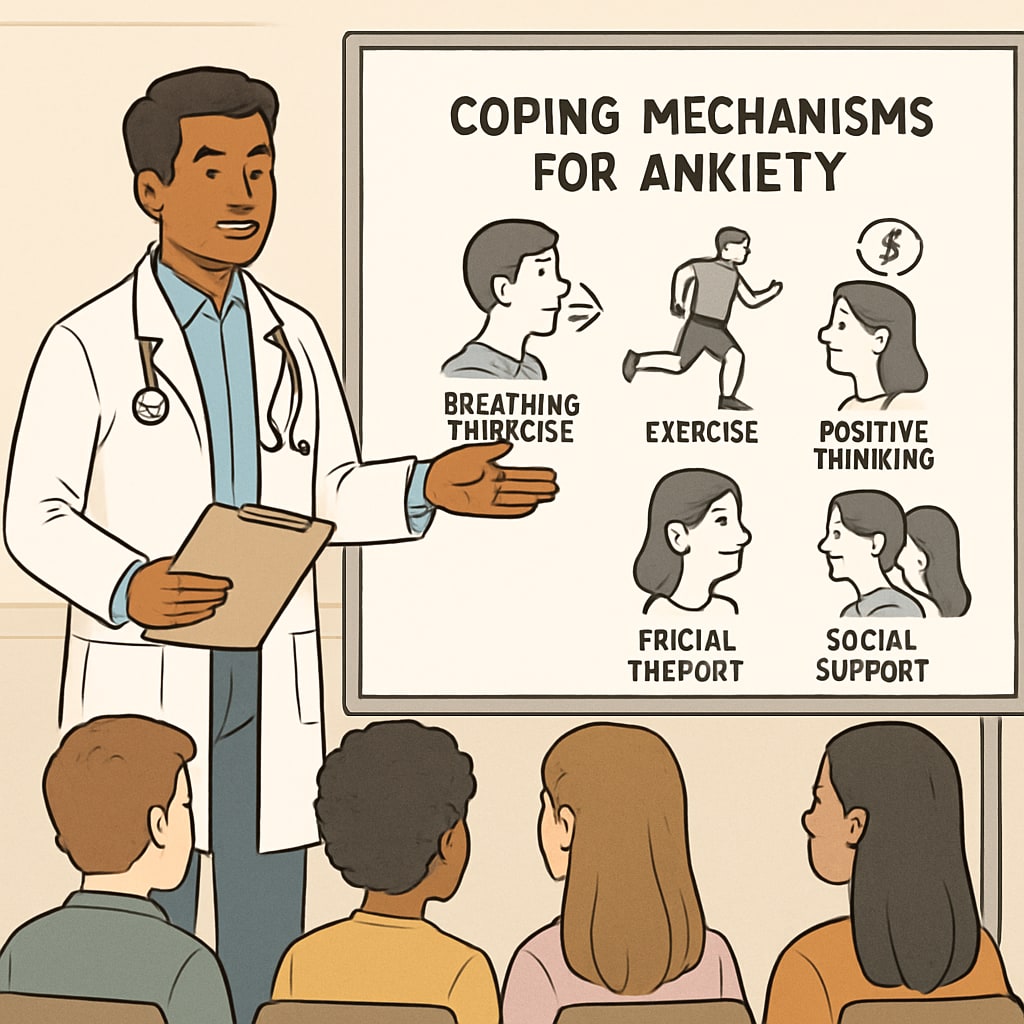 Medical student explaining mental health coping strategies to high school students.