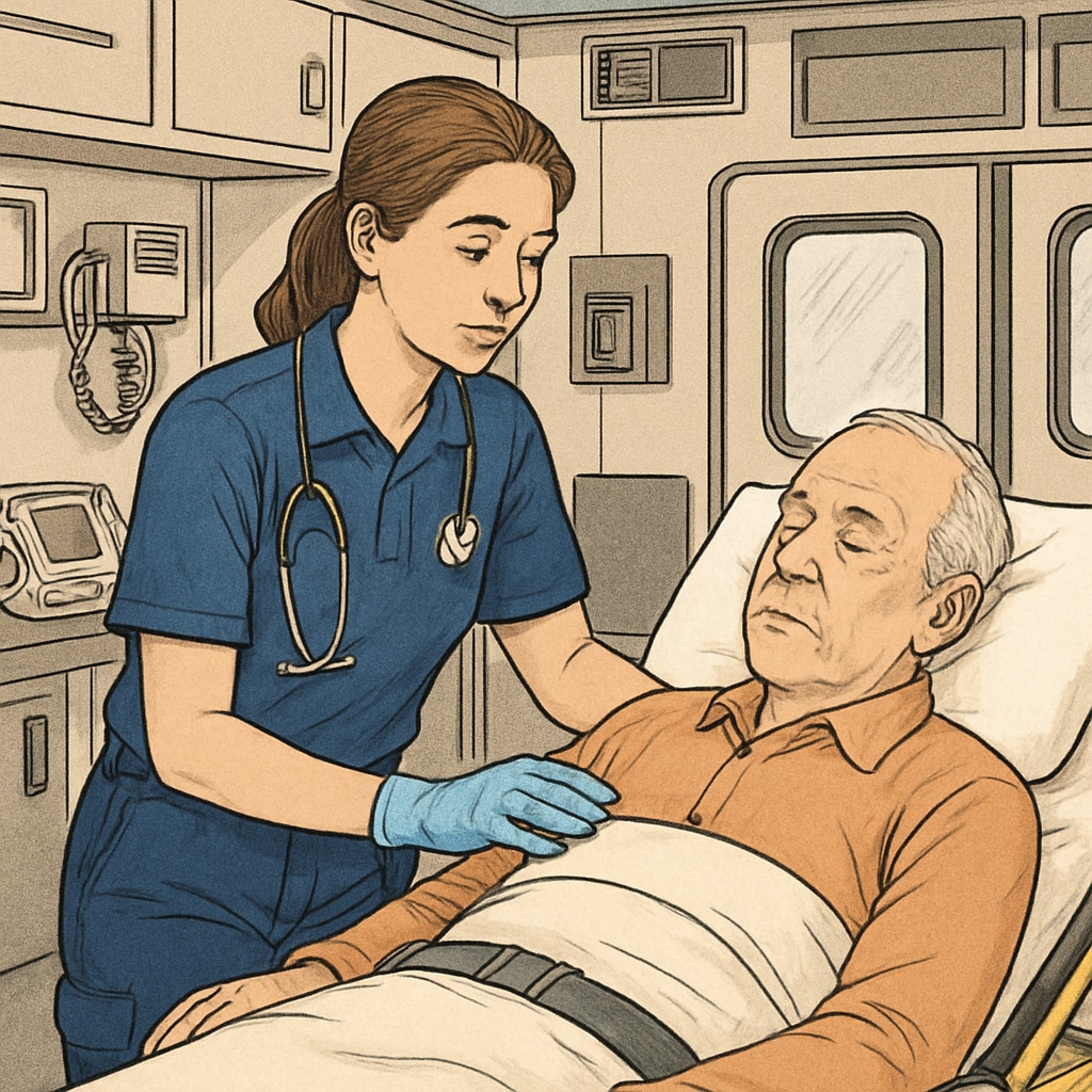 A young EMT assisting a patient in an ambulance, showcasing the real-world skills gained through EMT experience. EMT professional helping a patient during a medical emergency.