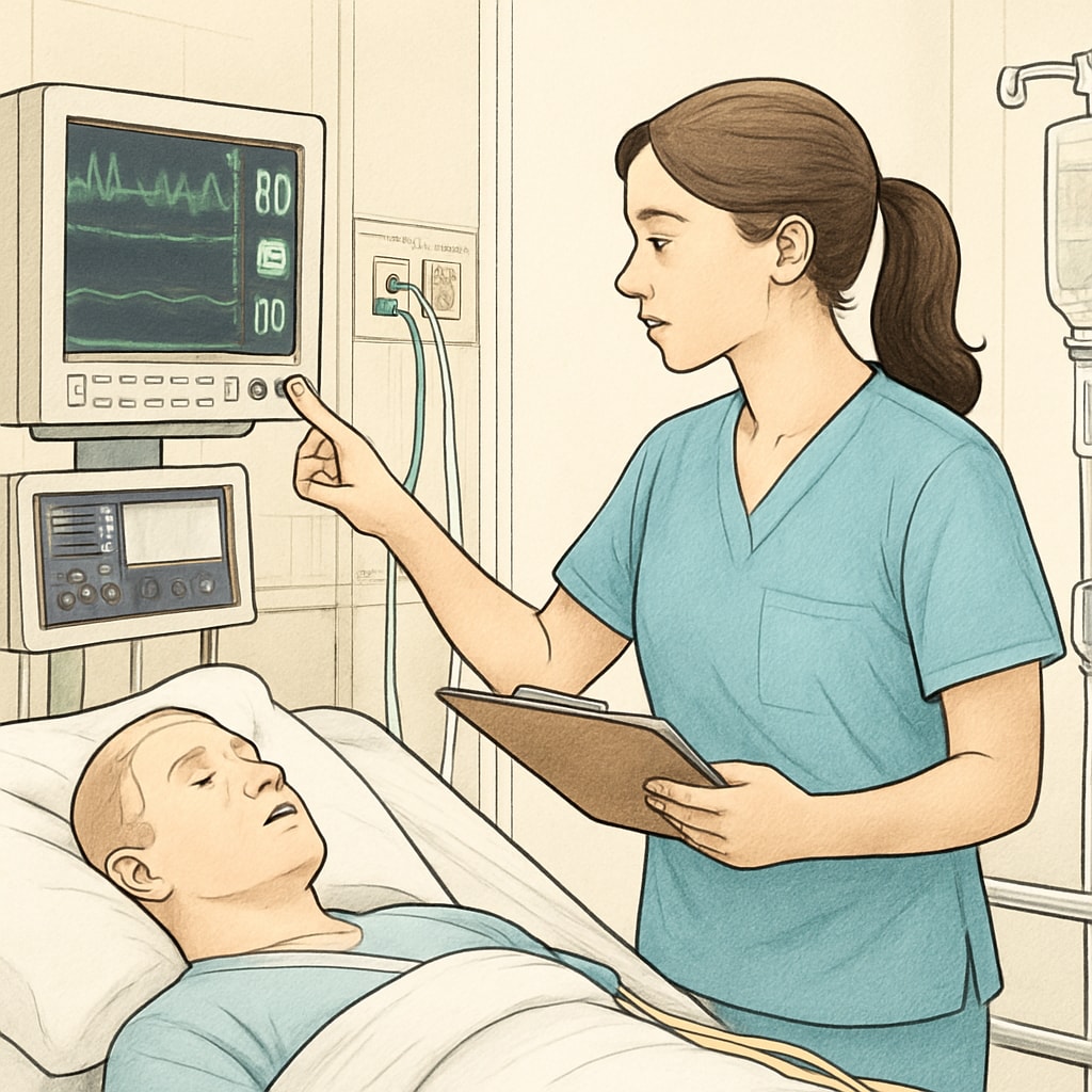 A nursing student practicing in a simulated hospital lab with advanced equipment. Nursing student in a simulation lab, demonstrating practical skills.
