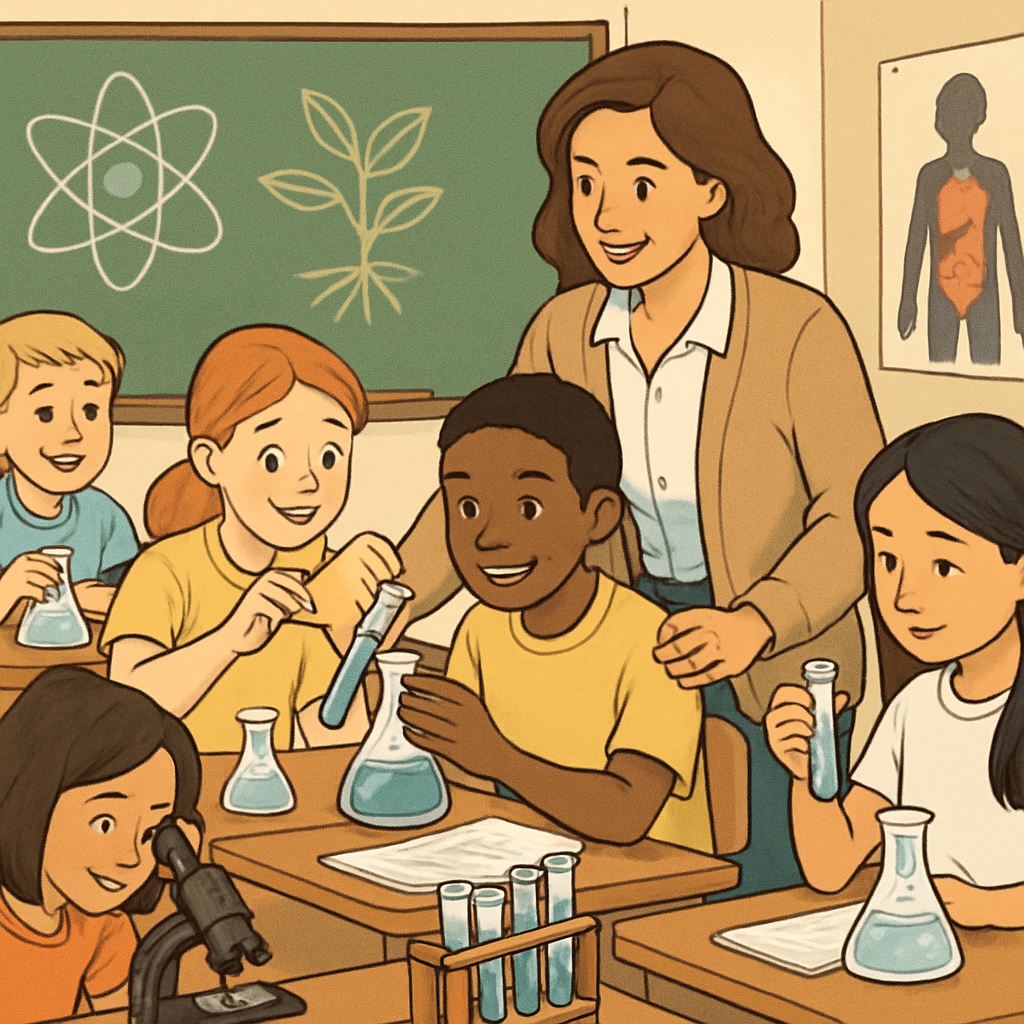 A classroom setting with diverse students engaged in science experiments, highlighting group collaboration and teacher support. Diverse students and a teacher conducting science experiments, emphasizing ELL collaboration.